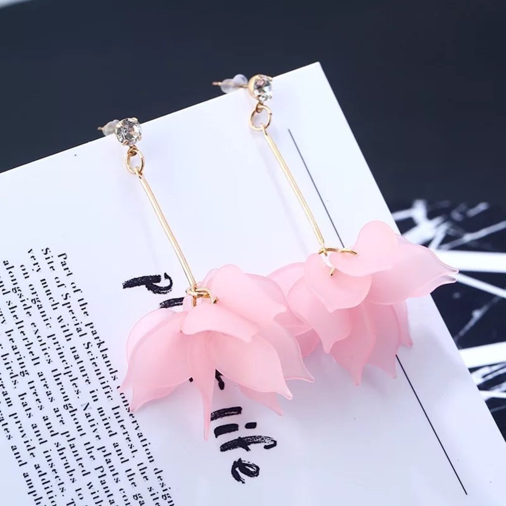 Gold Pink Flower Drop Earrings
